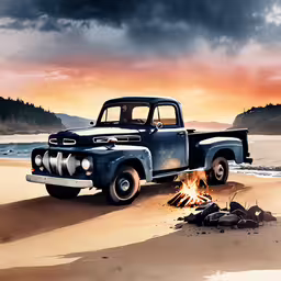 a painting of an old truck parked on a beach at sunset,a vintage ford truck sitting next to the ocean