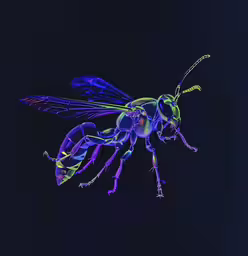 a colorful mosquito is photographed against the blue sky,a black and blue photo of a bug on a dark background