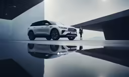 a person stands next to a vehicle that has been parked