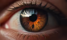 a close up image of an eye with an orange iris