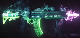 an automatic rifle with glowing lights is being displayed