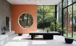 a modern living room with a large mirror