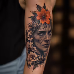 a close up shot of a woman with flowers in her hair