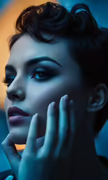 a woman with blue makeup and ring on her finger