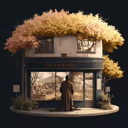 an artwork of a woman looking at her house