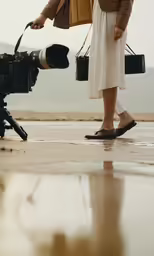 a woman using a video camera with a camera strap