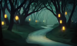 a rural road in the night with some lanterns