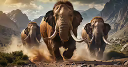 three elephants running along the road with mountains in the background