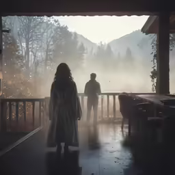 two people standing on the porch of a building in a foggy valley