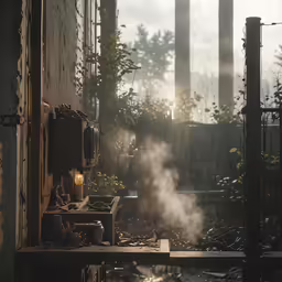 an old building with plants, lights and a foggy sky