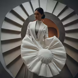 a woman in a white dress stands on the staircase