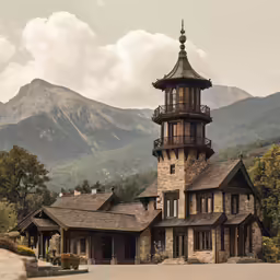 a house with a clock on top is near the mountains