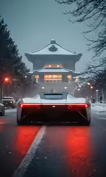 a car sitting in front of a building with a red light on it
