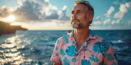 man wearing colorful shirt on the ocean with sun flares in background,a man stands on the edge of a cliff looking out at the ocean