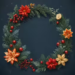 there is a wreath with decorations on it,christmas wreath arranged over evergreen and cranberries