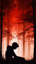 the silhouette of a person kneeling down with their hand on his knees in the middle of a red forest,a person sitting down in front of some trees