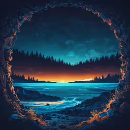 a landscape is depicted in a circular motif,the night sky over a lake in the forest