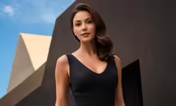 an attractive woman standing outside a building with a short dress