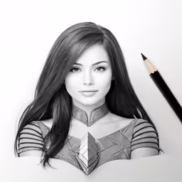 a drawing of a female character holding a pencil