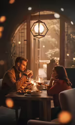 two people are having dinner together in the middle of a room with circular light hanging from ceiling