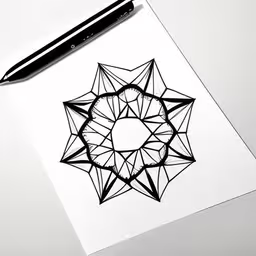 a pen drawing a geometrical design on paper,a pen on top of a sheet of paper next to a drawing,pen and ink drawing of a black and white star,a pen sitting next to a piece of art,a drawing of an intricately shaped star