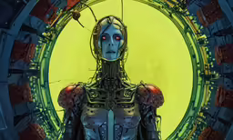 a painting of a woman with weird blue skin