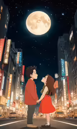 a man and woman looking at the moon