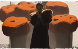 a woman standing by orange blowup shapes in a field
