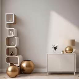 a white side table with vases and vases next to it