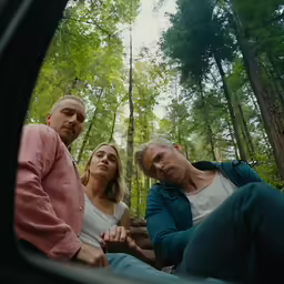 a group of people are sitting by the woods together