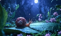 a snail is laying down on the green leaf