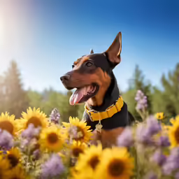 the dog is enjoying the sunny day in the field