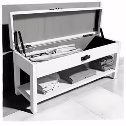 a wooden storage bench with some shoes