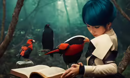 a young girl wearing a jacket standing in a forest with a book and birds