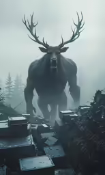 a giant elk standing next to many chestes with their huge antlers