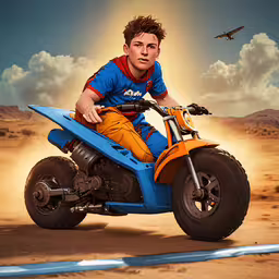there is a man riding an atv on dirt,the young man is riding his four wheeled vehicle