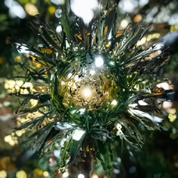 a large golden ball sitting on top of a christmas tree