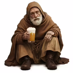 a bearded old man sitting with a pint of beer