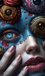 a lady with painted eyes and red nails holds her hands to her face