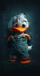 an orange and white duck dressed up in overalls