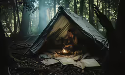 there is a person that is sitting inside of a tent
