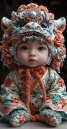a very cute little doll sitting on top of a table