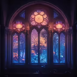 looking out an ornate cathedral window at nighttime