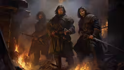 three men stand in front of fire and smoke,the hobbi is going to smash down the lord