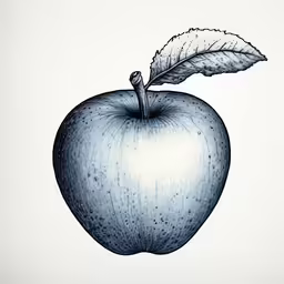 a black and white photo of an apple with leaves