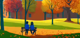 two people sitting on a bench in the autumn,a couple sits on the park bench as autumn leaves cover the park
