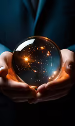 a man holding a glass sphere with gold speckles