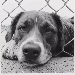 a dog with a sad look on its face sits behind a fence