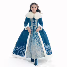a woman dressed in a long blue and white dress is standing on a snow covered ground