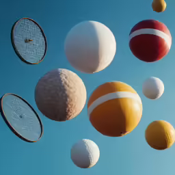 several balls and rackets fly through the air